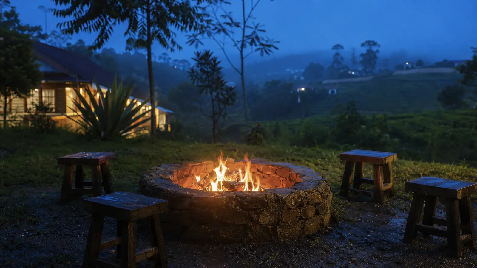 Perapian luar rumah pada malam berkabut